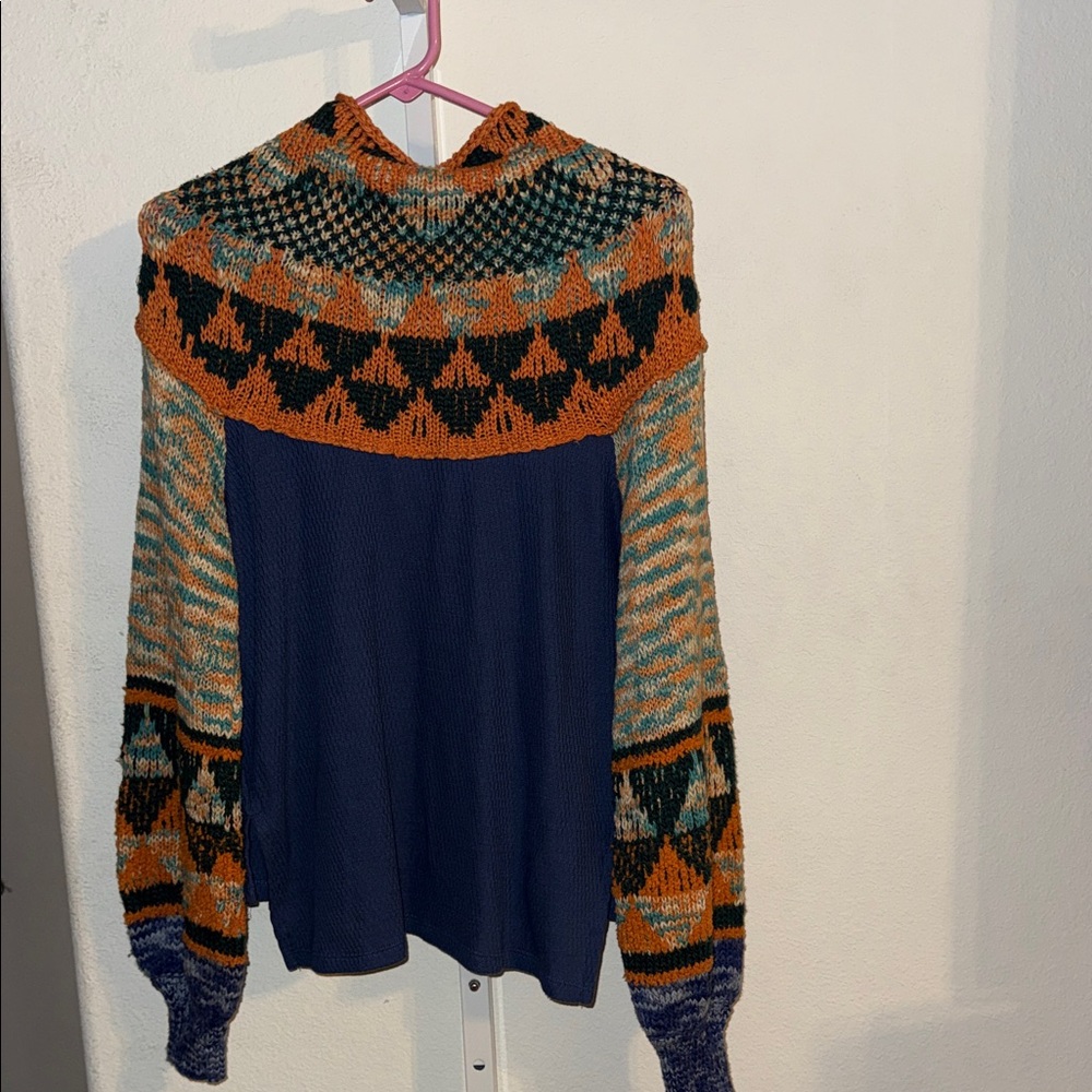 Free People Swit The Small Stuff mock neck top in the blue combo color sweater - Picture 4 of 6